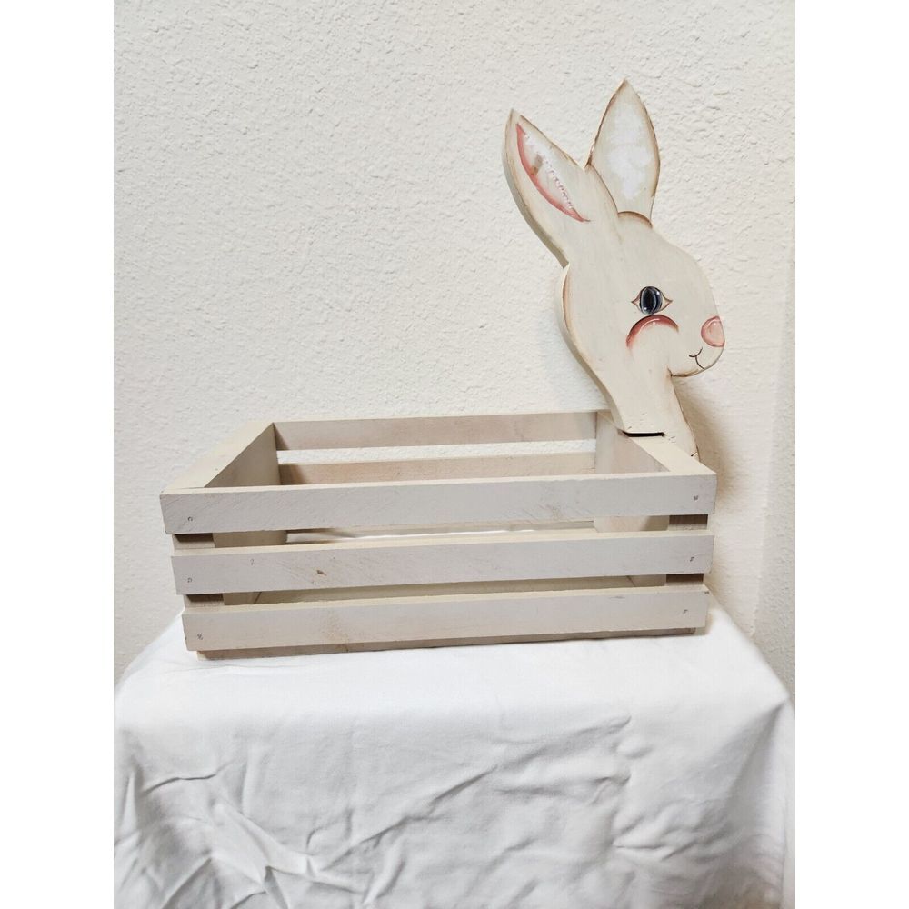 Vintage Wooden Fruit Bread Easter Basket Painted Bunny Crate‎ Box